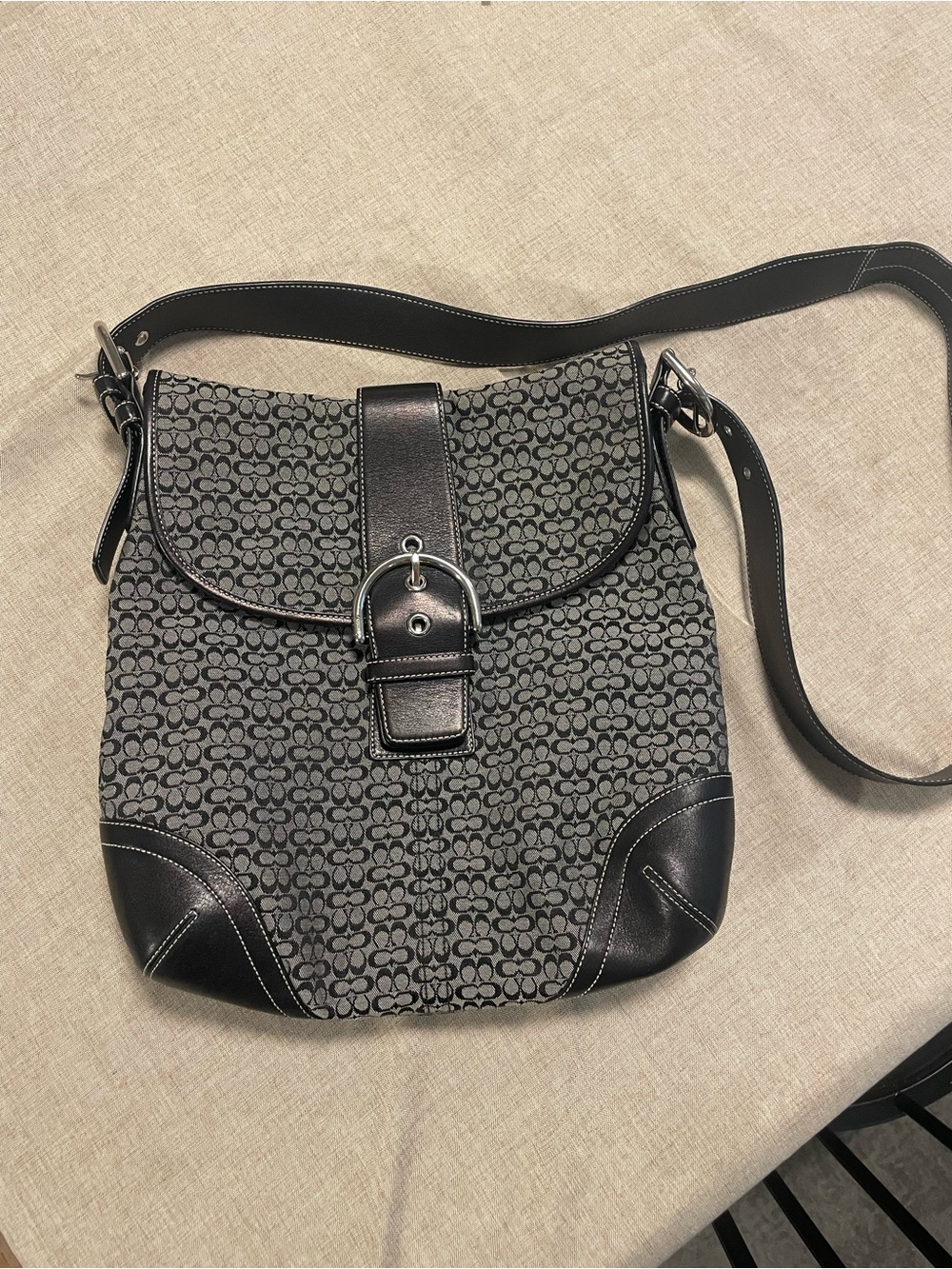 Coach Black and Gray Signature Crossbody Shoulder Bag with Buckle